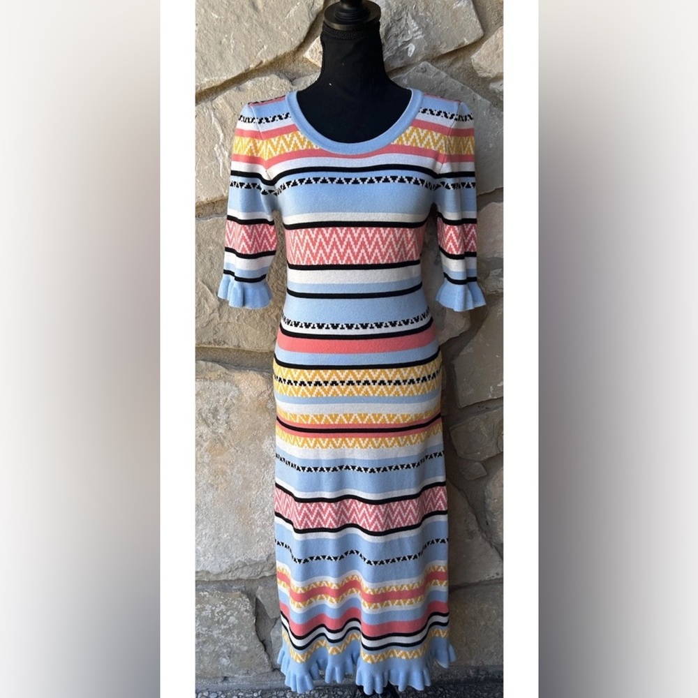 Betsey Johnson Dress‎ Size M L "Vibing" Striped Midi Bodycon Multicolor Knit EC